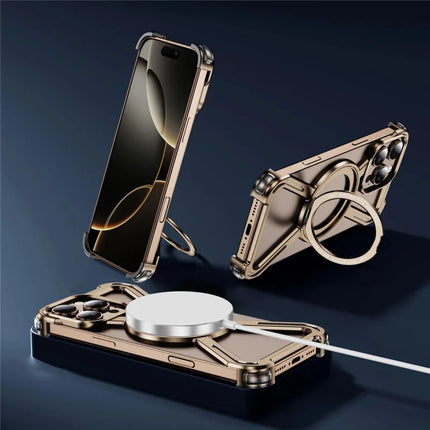 For iPhone 16 Pro Max Magnetic Case Military Grade Anti Drop 360° Rotating Kickstand Titanium Alloy Bumper Phone Cover