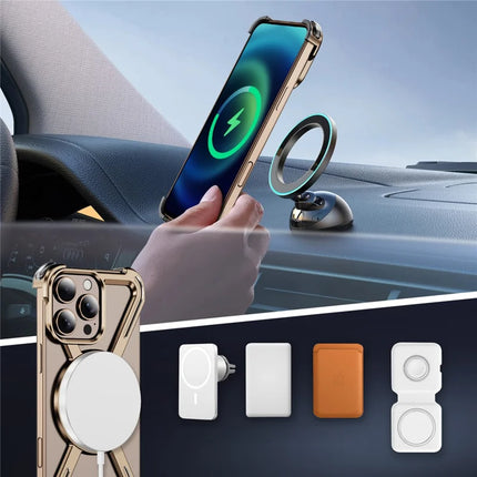 For iPhone 16 Pro Max Magnetic Case Military Grade Anti Drop 360° Rotating Kickstand Titanium Alloy Bumper Phone Cover