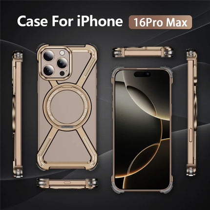For iPhone 16 Pro Max Magnetic Case Military Grade Anti Drop 360° Rotating Kickstand Titanium Alloy Bumper Phone Cover