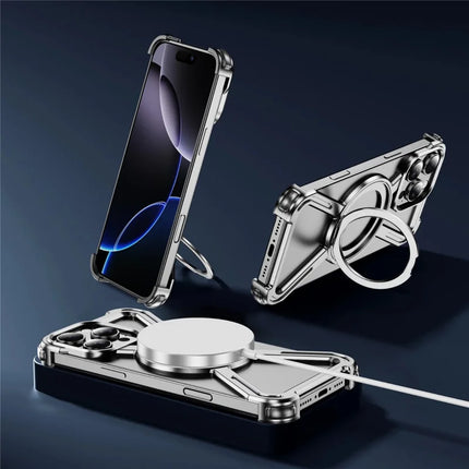 For iPhone 16 Pro Max Magnetic Case Military Grade Anti Drop 360° Rotating Kickstand Titanium Alloy Bumper Phone Cover