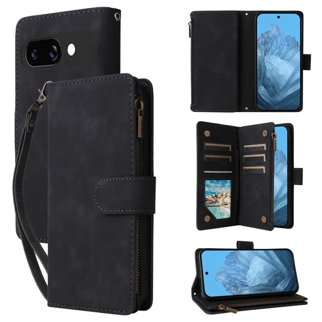 For Google Pixel 9a Case Zipper Wallet Multiple Card Slots Leather Phone Cover - Black