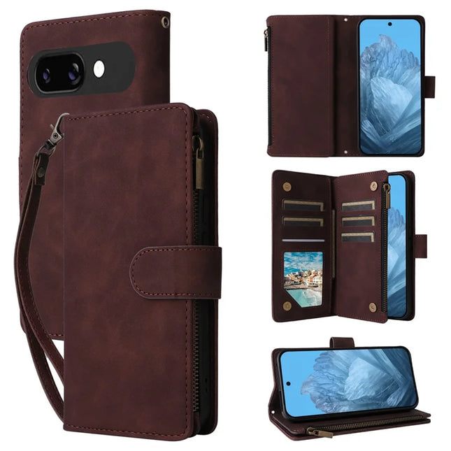 For Google Pixel 9a Case Zipper Wallet Multiple Card Slots Leather Phone Cover - Coffee
