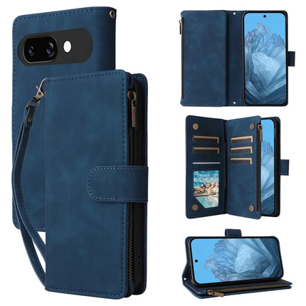 For Google Pixel 9a Case Zipper Wallet Multiple Card Slots Leather Phone Cover - Blue