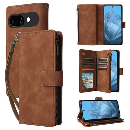For Google Pixel 9a Case Zipper Wallet Multiple Card Slots Leather Phone Cover - Brown