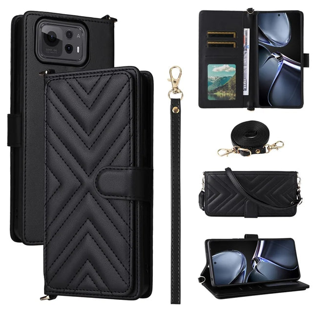 For Asus Zenfone 12 Ultra 5G Case with Shoulder Strap Wallet Leather Phone Cover - Black
