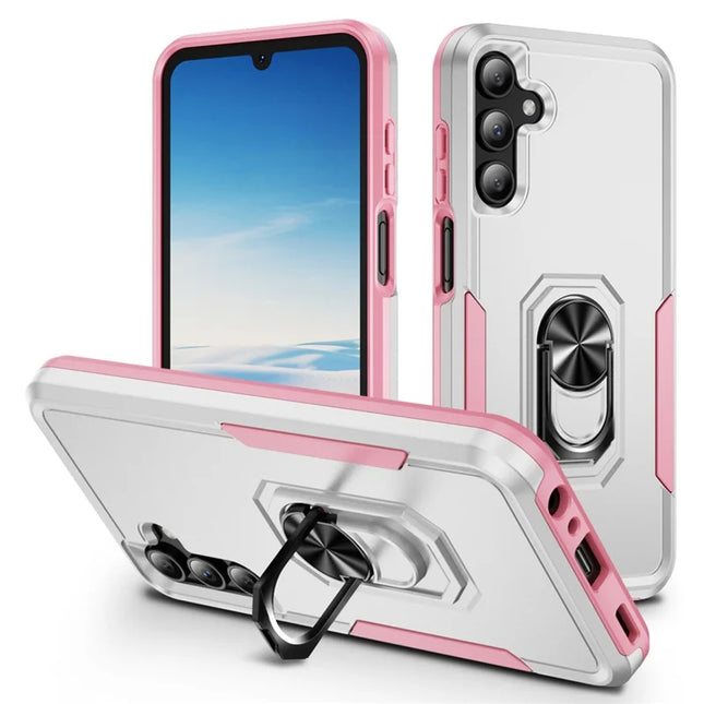 For Samsung Galaxy A15 5G / A15 4G Case Military Grade Ring Kickstand PC+TPU Phone Cover - White+Pink
