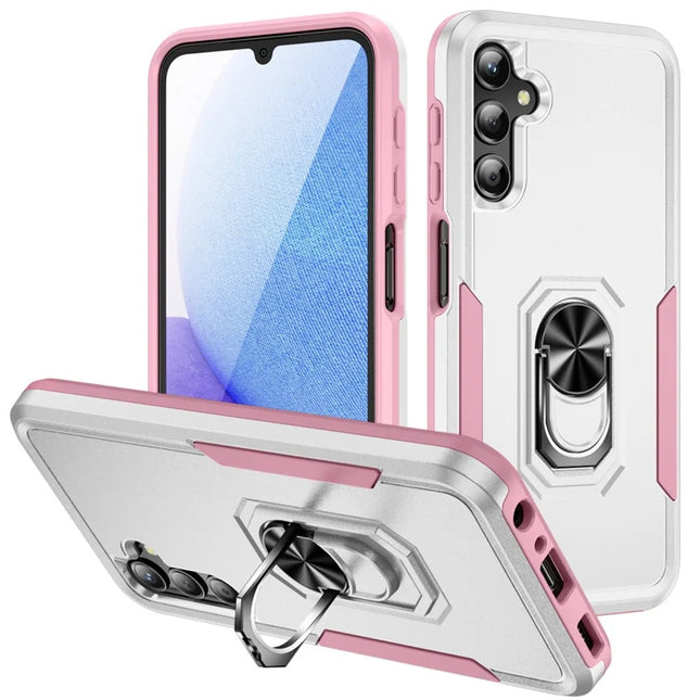 For Samsung Galaxy A25 5G (Global) (161.0 x 76.5 x 8.3mm) Case Military Grade Ring Kickstand PC+TPU Phone Cover - White+Pink