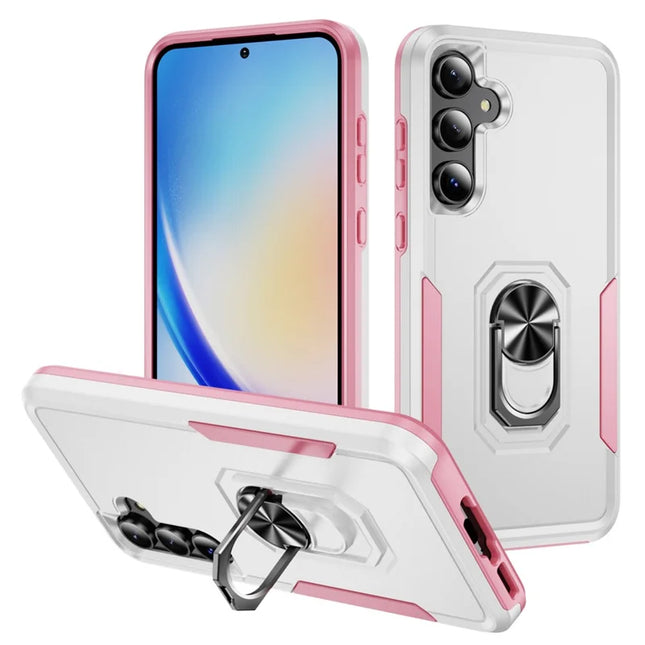 For Samsung Galaxy A55 5G  /  A35 5G Case Military Grade Ring Kickstand PC + TPU Phone Cover - White  /  Pink