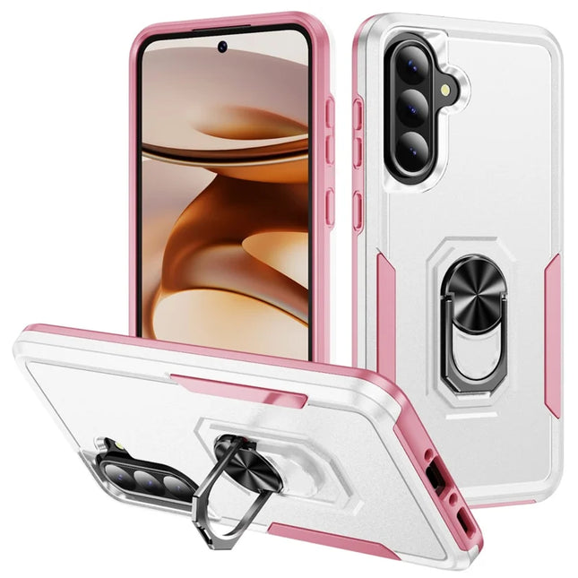 For Samsung Galaxy A36 5G Case Military Grade Ring Kickstand PC+TPU Phone Cover - White+Pink