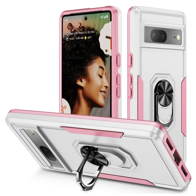 For Google Pixel 7 5G Case Military Grade Ring Kickstand PC+TPU Phone Cover - White+Pink
