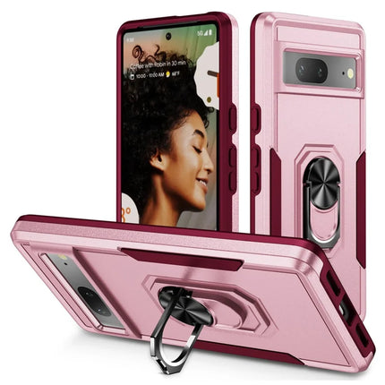 For Google Pixel 7 5G Case Military Grade Ring Kickstand PC+TPU Phone Cover - Pink+Rose