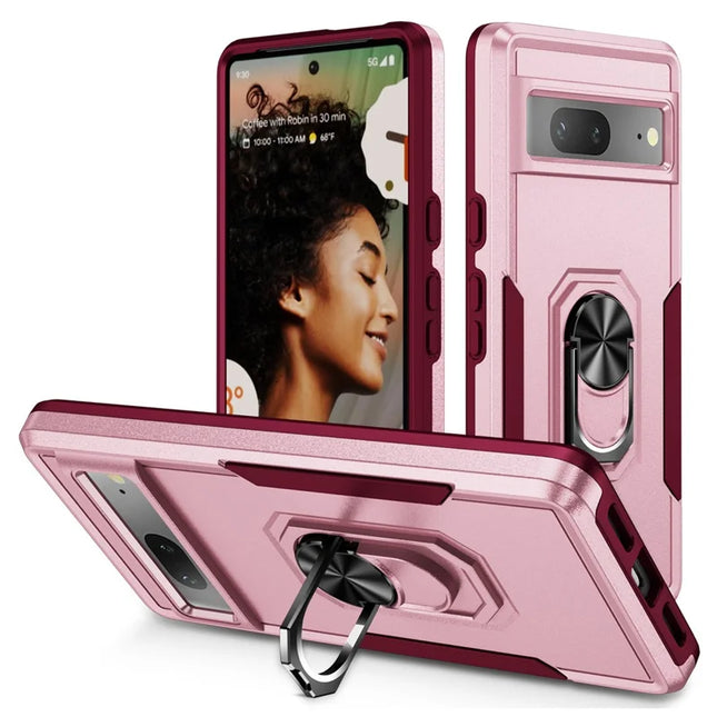 For Google Pixel 7 5G Case Military Grade Ring Kickstand PC+TPU Phone Cover - Pink+Rose