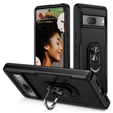 For Google Pixel 7 5G Case Military Grade Ring Kickstand PC+TPU Phone Cover - Black