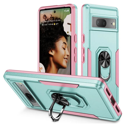 For Google Pixel 7 5G Case Military Grade Ring Kickstand PC+TPU Phone Cover - Green+Pink