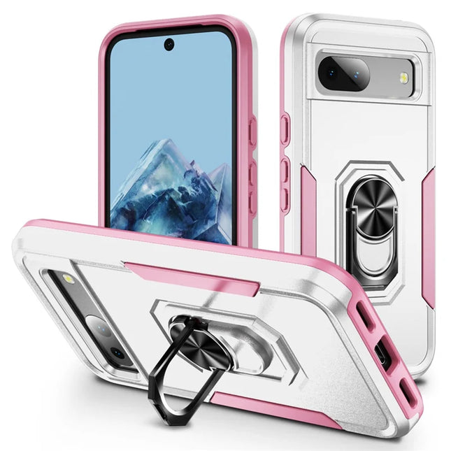 For Google Pixel 8a Case Military Grade Ring Kickstand PC + TPU Phone Cover - White+Pink