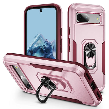 For Google Pixel 8a Case Military Grade Ring Kickstand PC + TPU Phone Cover - Pink+Rose