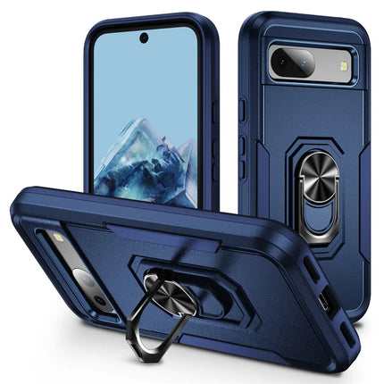 For Google Pixel 8a Case Military Grade Ring Kickstand PC + TPU Phone Cover - Blue