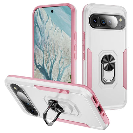 For Google Pixel 9 Pro XL Case Military Grade Ring Kickstand PC + TPU Phone Cover - White  /  Pink