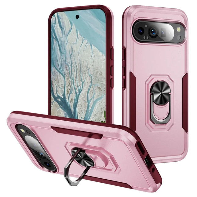 For Google Pixel 9 Pro XL Case Military Grade Ring Kickstand PC + TPU Phone Cover - Pink  /  Rose
