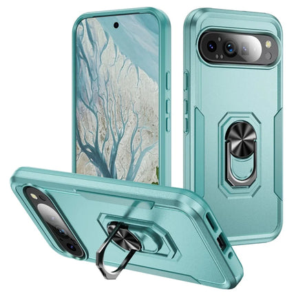 For Google Pixel 9 Pro XL Case Military Grade Ring Kickstand PC + TPU Phone Cover - Green