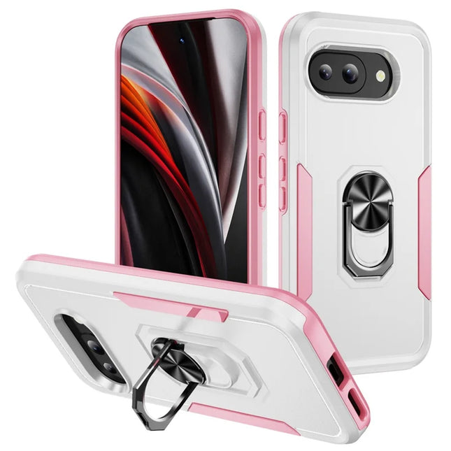 For Google Pixel 9a Case Military Grade Ring Kickstand PC+TPU Phone Cover - White+Pink