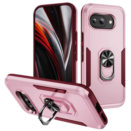 For Google Pixel 9a Case Military Grade Ring Kickstand PC+TPU Phone Cover - Pink+Rose