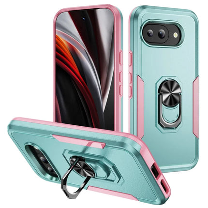 For Google Pixel 9a Case Military Grade Ring Kickstand PC+TPU Phone Cover - Green+Pink