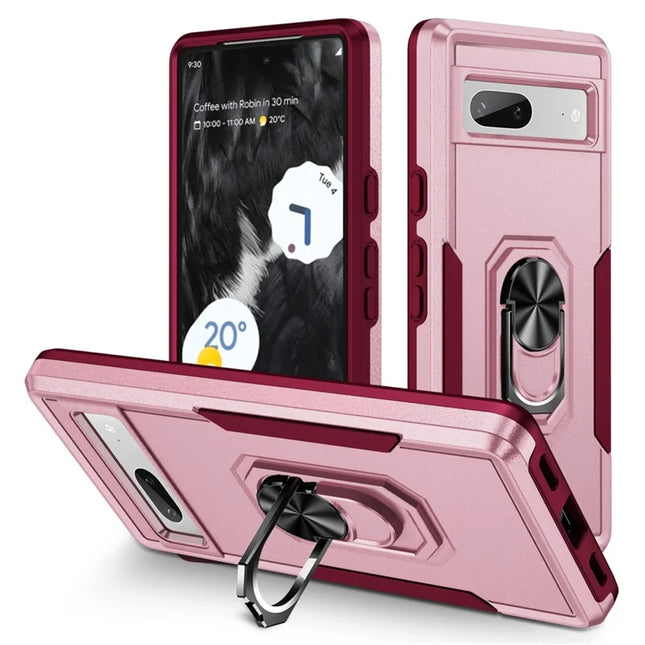 For Google Pixel 7a Case Military Grade Ring Kickstand PC + TPU Phone Cover - Pink  /  Rose