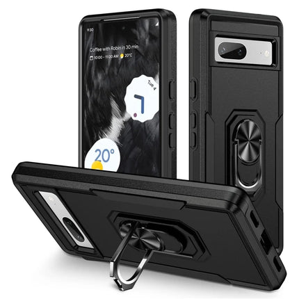 For Google Pixel 7a Case Military Grade Ring Kickstand PC + TPU Phone Cover - Black