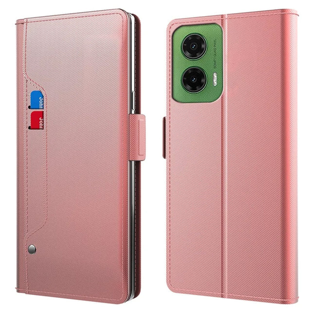For Motorola Moto G35 5G Case Stand PU Leather Phone Cover Card Holder Mirror - Rose Gold