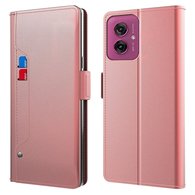 For Motorola Moto G55 5G Case Stand PU Leather Phone Cover Card Holder Mirror - Rose Gold