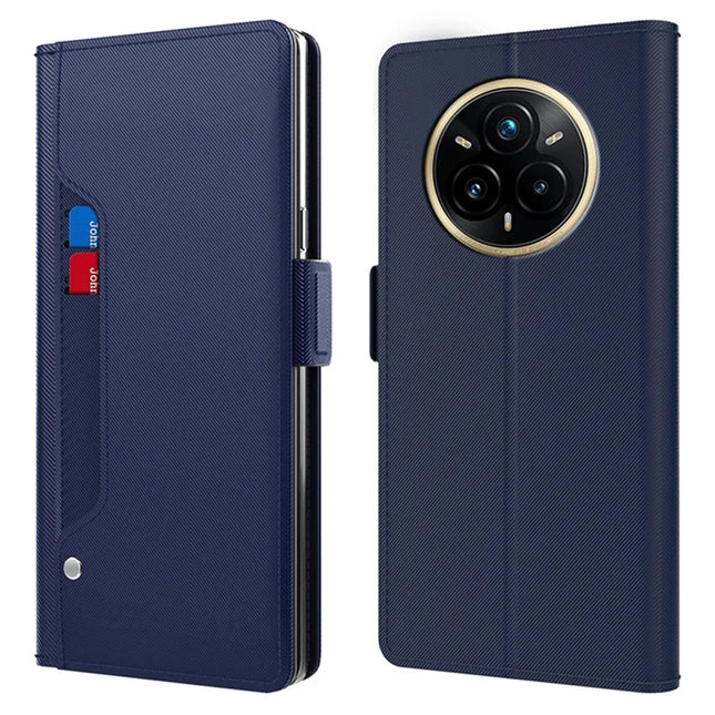 For Realme 14 Pro+ 5G Case Stand PU Leather Phone Cover Card Holder Mirror - Blue