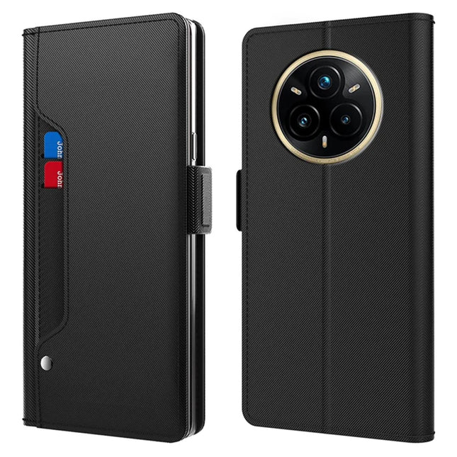 For Realme 14 Pro+ 5G Case Stand PU Leather Phone Cover Card Holder Mirror - Black