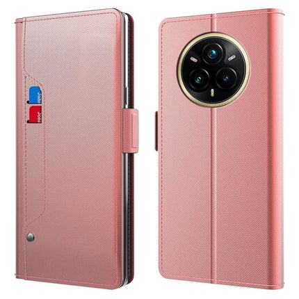 For Realme 14 Pro+ 5G Case Stand PU Leather Phone Cover Card Holder Mirror - Rose Gold
