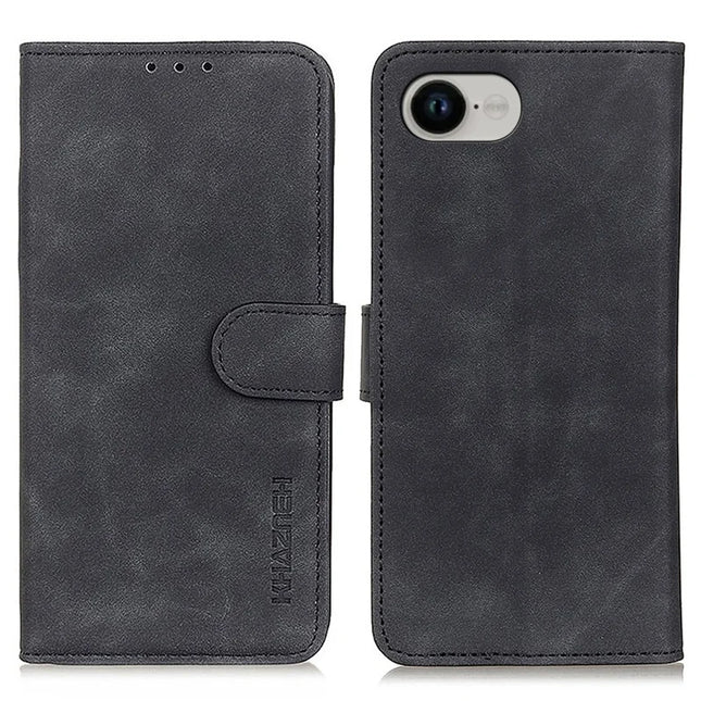 KHAZNEH For iPhone 16e Case PU Leather Retro Texture Phone Cover - Black