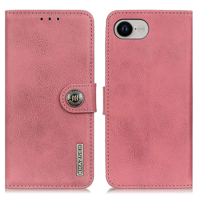 KHAZNEH For iPhone 16e Wallet Case Cowhide Texture Leather Flip Phone Cover - Pink