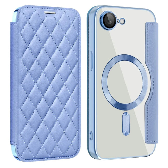 For iPhone 16e Case Compatible with MagSafe Rhombus PU Leather Phone Cover - Blue