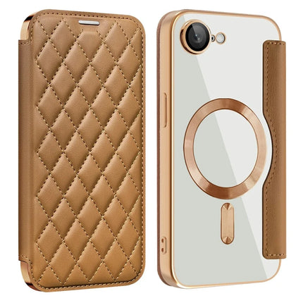 For iPhone 16e Case Compatible with MagSafe Rhombus PU Leather Phone Cover - Brown