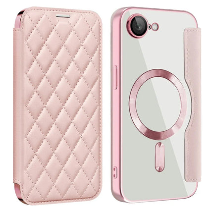 For iPhone 16e Case Compatible with MagSafe Rhombus PU Leather Phone Cover - Pink