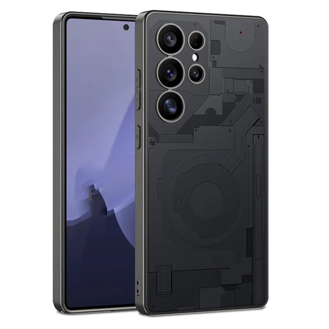 For Samsung Galaxy S23 Ultra Case Circuit Pattern AG Matte Skin Touch PC + TPU Phone Back Cover - Black