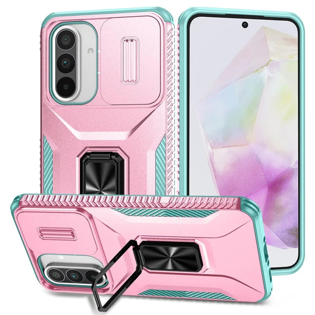 For Samsung Galaxy A56 5G / A36 5G Case Camshield Kickstand TPU+PC Anti-Slip Phone Cover - Pink+Grey Green