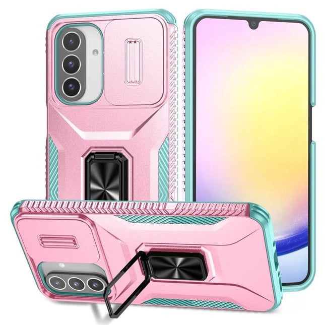 For Samsung Galaxy A26 5G Case Camshield Kickstand TPU+PC Anti-Slip Phone Cover - Pink+Grey Green