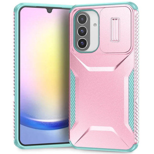 For Samsung Galaxy A26 5G Case Camshield TPU+PC Phone Cover Non-Slip Side Edge - Pink+Grey Green