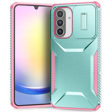 For Samsung Galaxy A26 5G Case Camshield TPU+PC Phone Cover Non-Slip Side Edge - Grey Green+Pink