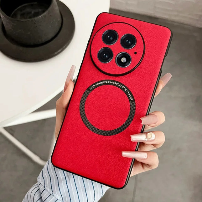For OnePlus 13 Case Anti-Drop PU Leather+TPU Cover Compatible with MagSafe - Red