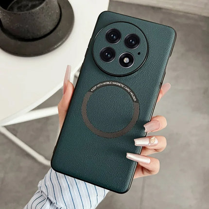 For OnePlus 13 Case Anti-Drop PU Leather+TPU Cover Compatible with MagSafe - Green