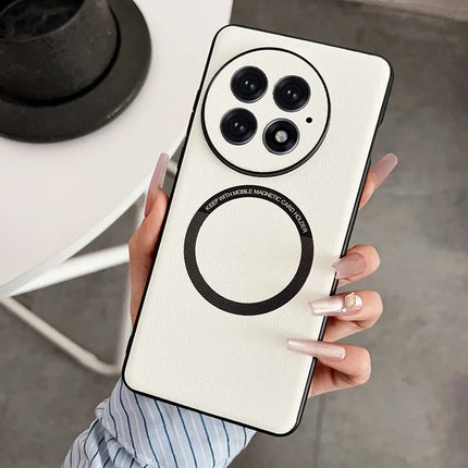 For OnePlus 13 Case Anti-Drop PU Leather+TPU Cover Compatible with MagSafe - White