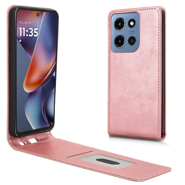 For Motorola Moto G Play (2025) 5G / G Power (2025) Case with Card Slot Magnetic Vertical Flip Leather Phone Cover - Rose Gold
