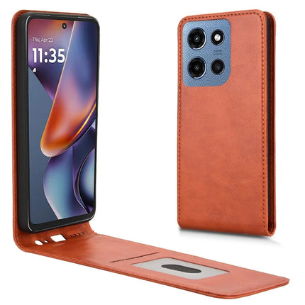 For Motorola Moto G 5G (2025) Case with Card Slot Magnetic Vertical Flip Leather Phone Cover - Orange