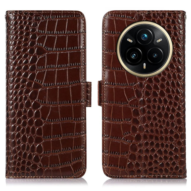 For Realme 14 Pro 5G Case Crocodile Texture Genuine Cow Leather Phone Wallet Cover - Brown
